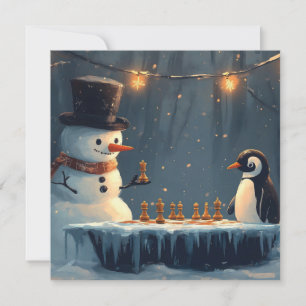愛らしい雪だるまとペンギンがチェスを楽しむ シーズンカード
