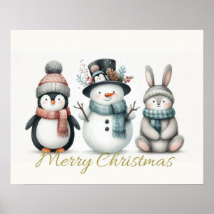 愛らしい雪だるまと友達のクリスマス壁画 ポスター
