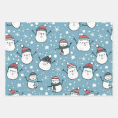 愛らしい雪だるまと雪片クリスマス ラッピングペーパーシート (正面3)