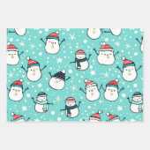 愛らしい雪だるまと雪片クリスマス ラッピングペーパーシート (正面2)
