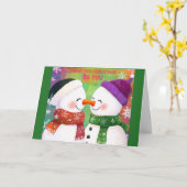 愛らしい雪だるまカップルのクリスマスカード カード (黄色い花)