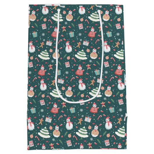 愛らしい雪だるまクリスマスパターン ミディアムペーパーバッグ (裏面)