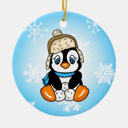 愛らしい雪玉のペンギン セラミックオーナメント (正面)
