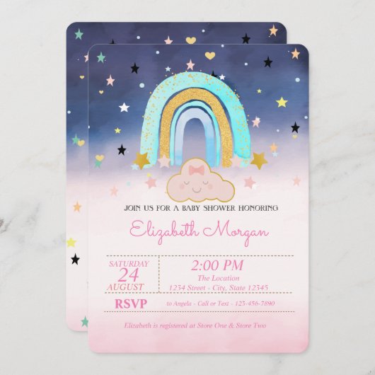 愛らしい雲の虹の星の赤グラデーションちゃんシャワー 招待状 (正面/裏面)