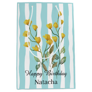 愛らしい青いストライプの花の誕生日おめでとう ミディアムペーパーバッグ