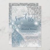 愛らしい青いドレス　シルバーグリッターのオンブレ  招待状 (正面/裏面)