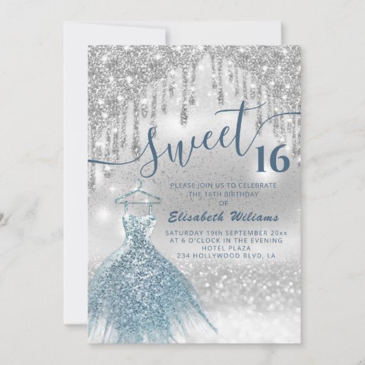 愛らしい青いドレス　シルバーグリッターのドリップオンブレ 招待状 (正面)