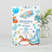 愛らしい青いベビーの誕生日招待状 招待状 (スタンド正面)