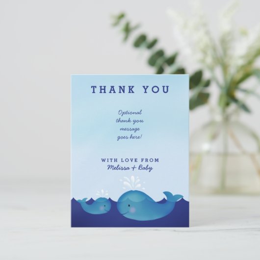 愛らしい青いホエー航海のルの赤ちゃんシャワーありがとう サンキューカード (スタンド正面)