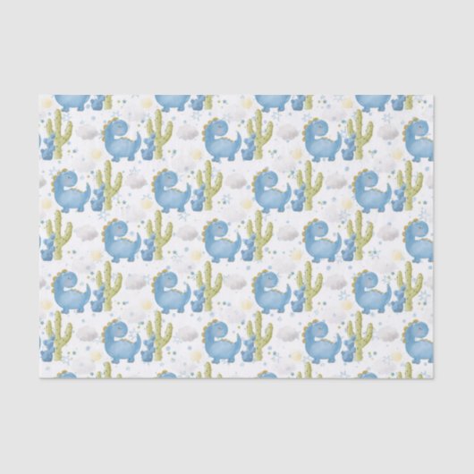 愛らしい青い恐竜と緑のサボテン 薄葉紙 (正面)
