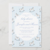 愛らしい青い揺れる馬のストライプ柄ベビーボーイシャワーのお知らせ 招待状 (正面)