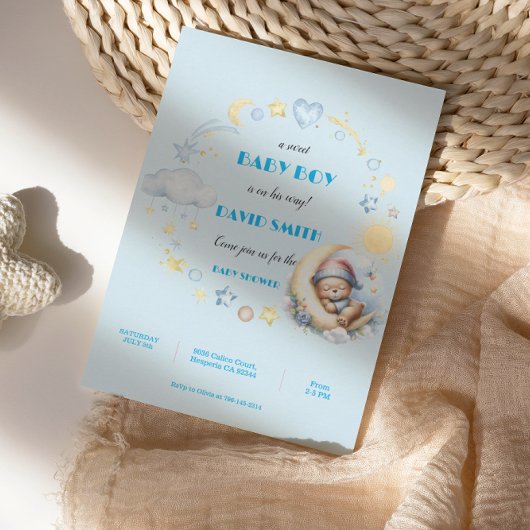 愛らしい青い星とムーンスリーピーテディベア 招待状