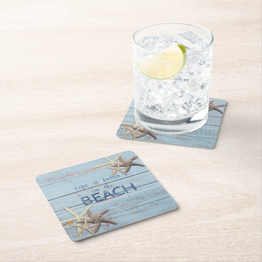 愛らしい青い木のテクスチャ、ヒトデ スクエアペーパーコースター (インサイチュ)