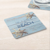 愛らしい青い木のテクスチャ、ヒトデ スクエアペーパーコースター (アングル)