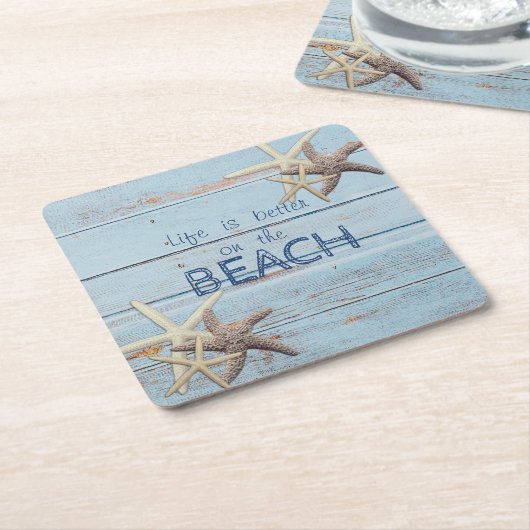 愛らしい青い木のテクスチャ、ヒトデ スクエアペーパーコースター (アングル)