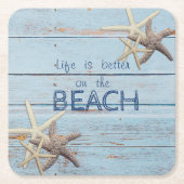 愛らしい青い木のテクスチャ、ヒトデ スクエアペーパーコースター (正面)