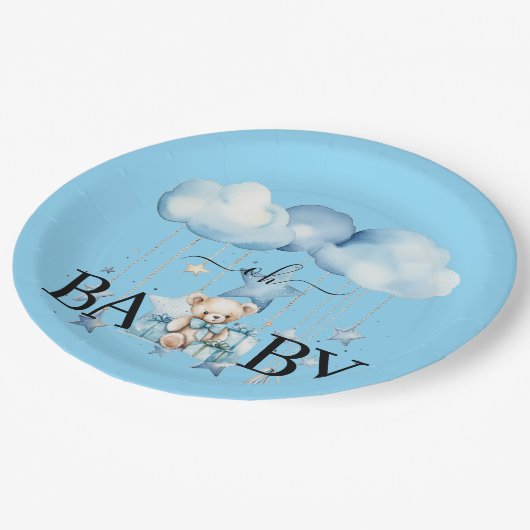 愛らしい青い水の色テディベア赤ちゃんシャワー ペーパープレート (アングル)