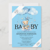 愛らしい青い水の色テディベア赤ちゃんシャワー 招待状 (正面)