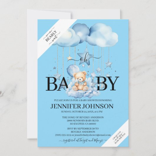 愛らしい青い水の色テディベア赤ちゃんシャワー 招待状 (正面)
