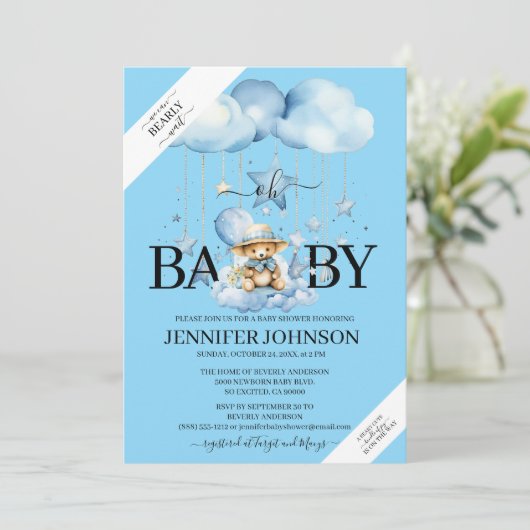 愛らしい青い水の色テディベア赤ちゃんシャワー 招待状 (スタンド正面)