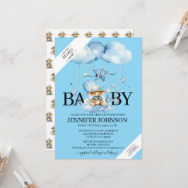 愛らしい青い水の色テディベア赤ちゃんシャワー 招待状