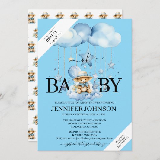 愛らしい青い水の色テディベア赤ちゃんシャワー 招待状 (正面/裏面)