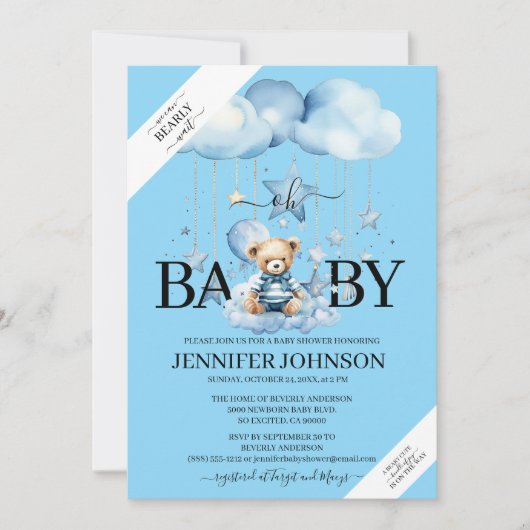 愛らしい青い水の色テディベア赤ちゃんシャワー 招待状 (正面)