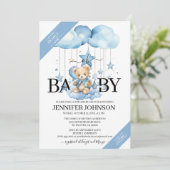 愛らしい青い水の色テディベア赤ちゃんシャワー 招待状 (スタンド正面)