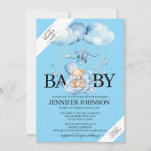 愛らしい青い水彩テディベアのベビーシャワー 招待状 (正面)