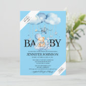 愛らしい青い水彩テディベアのベビーシャワー 招待状 (スタンド正面)