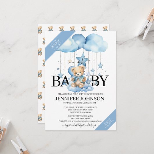 愛らしい青い水彩テディベアのベビーシャワー 招待状 (正面/裏面インサイチュ)