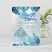 愛らしい青い熱帯葉グリッター甘い16 招待状 (スタンド正面)