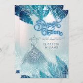 愛らしい青い熱帯葉グリッター甘い16 招待状 (正面/裏面)