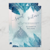 愛らしい青い熱帯葉グリッター甘い16 招待状 (正面/裏面)