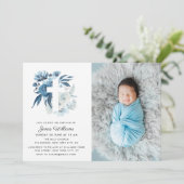 愛らしい青い花の洗礼写真招待状 招待状 (スタンド正面)