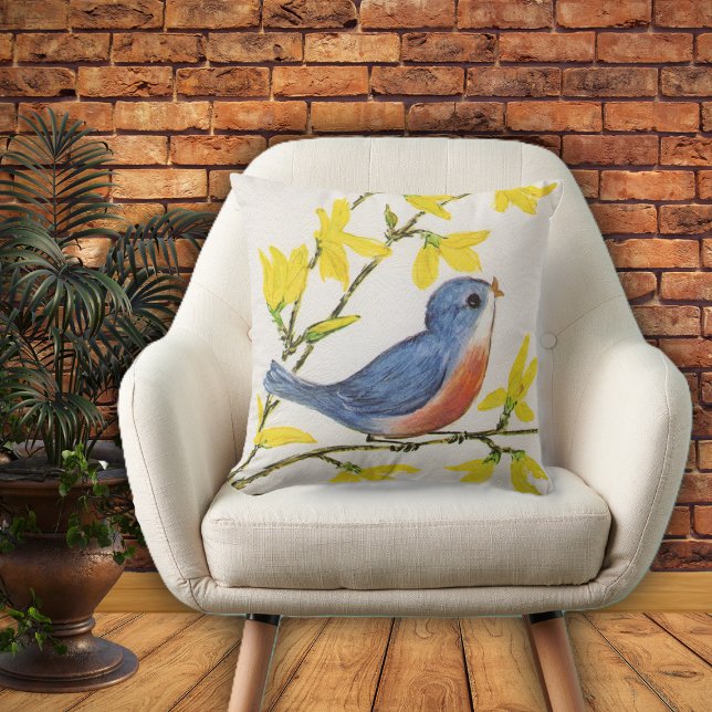 愛らしい青い赤い歌唱鳥黄色の花 アウトドアクッション (Cute blue red singing bird on branch with yellow flowers on textured look white home decor pillow.)