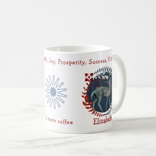 愛らしい青い鹿と植物。及ユニークびおもしろい コーヒーマグカップ (正面右)