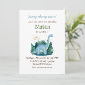 愛らしい青のブラチオサウルス恐竜の誕生日 招待状 (スタンド正面)