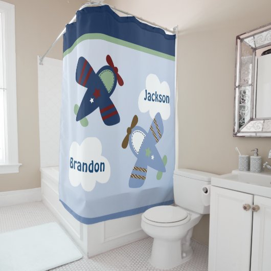愛らしい飛行機/子供のシャワーカーテンに沿ってズーム シャワーカーテン (インサイチュ)