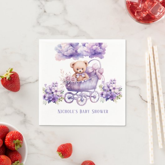 愛らしい馬車テディベア女の子ベビーシャワー スタンダードカクテルナプキン (インサイチュ)