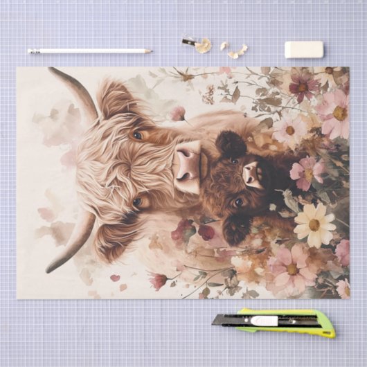 愛らしい高地の牛の子牛とママのデコパージュ 薄葉紙 (クラフト)