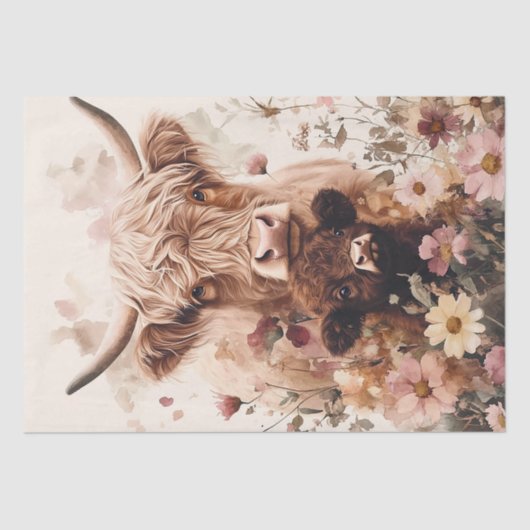 愛らしい高地の牛の子牛とママのデコパージュ 薄葉紙 (正面)