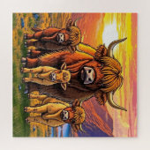 愛らしい高地の牛の家族。 ジグソーパズル (横)