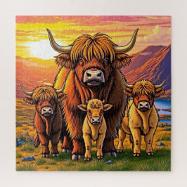 愛らしい高地の牛の家族。 ジグソーパズル