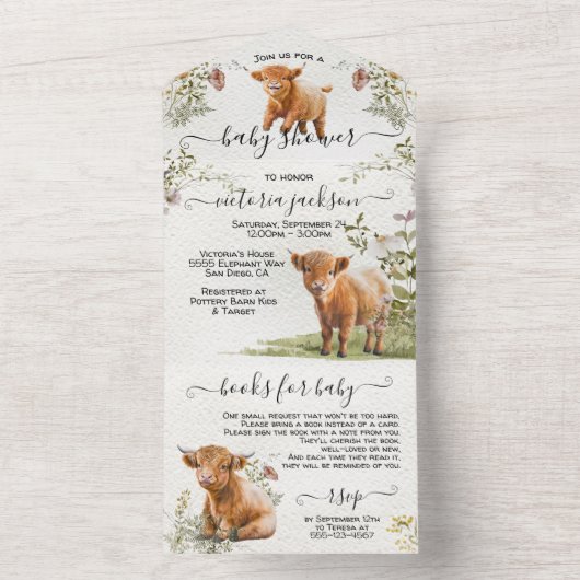 愛らしい高地の牛の赤ちゃんシャワー オールインワン招待状 (内側)