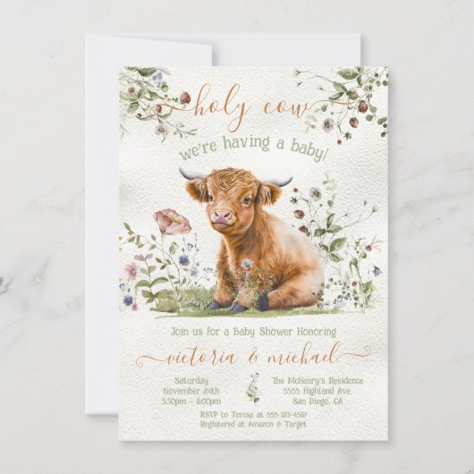 愛らしい高地の牛の赤ちゃんシャワー 招待状 (正面)