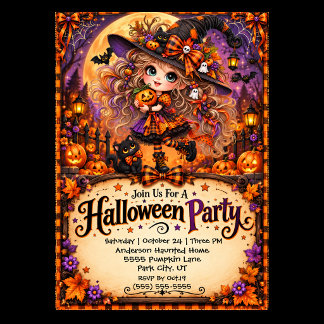 愛らしい魔女のハロウィンパーティー 招待状