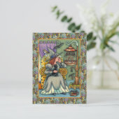 愛らしい魔女、ネコと彼女のペット、こうもりケージ、ハロウィン シーズンポストカード (スタンド正面)