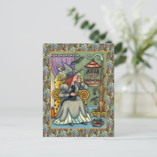 愛らしい魔女、ネコと彼女のペット、こうもりケージ、ハロウィン シーズンポストカード (スタンド正面)