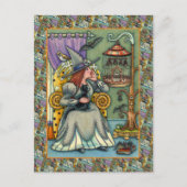 愛らしい魔女、ネコと彼女のペット、こうもりケージ、ハロウィン シーズンポストカード (正面)